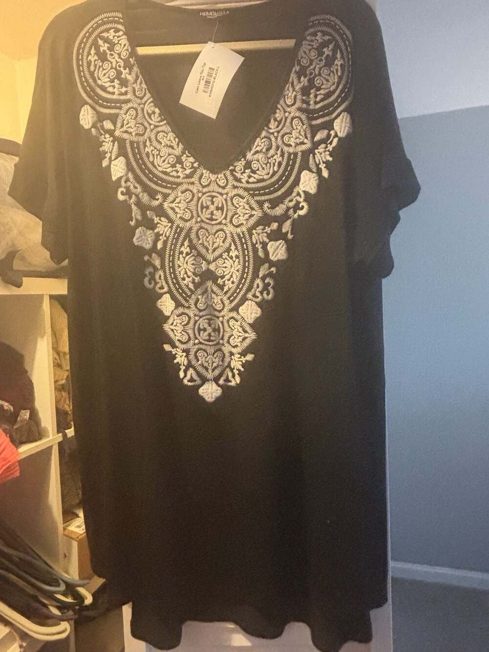 Heimish USA Cant Leave You Top Black Embroidered V-Neck Short Sleeve Tunic